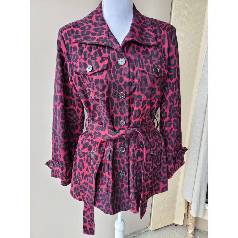 Linea by Louis Dell'Olio Jacket Womens Small Pink Black Leopard‎ Belted Cotton